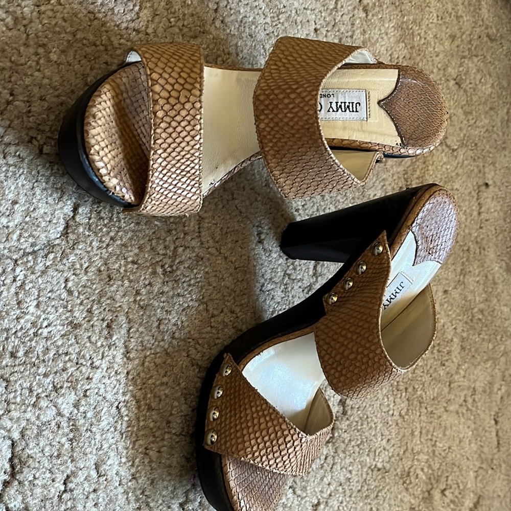 Authentic Jimmy Choo fish scale leather wooden heels